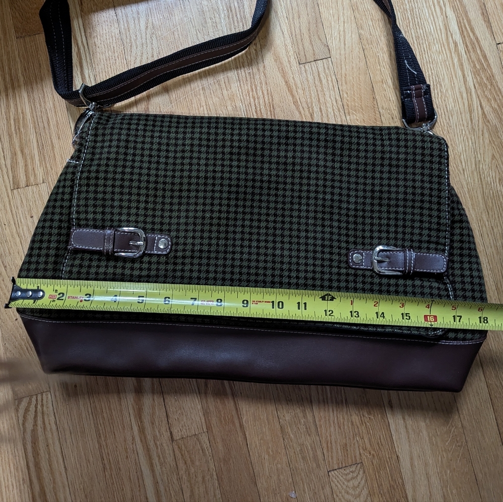 Y2K Vintage Tommy Hilfiger Wool & Leather Houndstooth Messenger Bag Brown Green - Picture 11 of 13